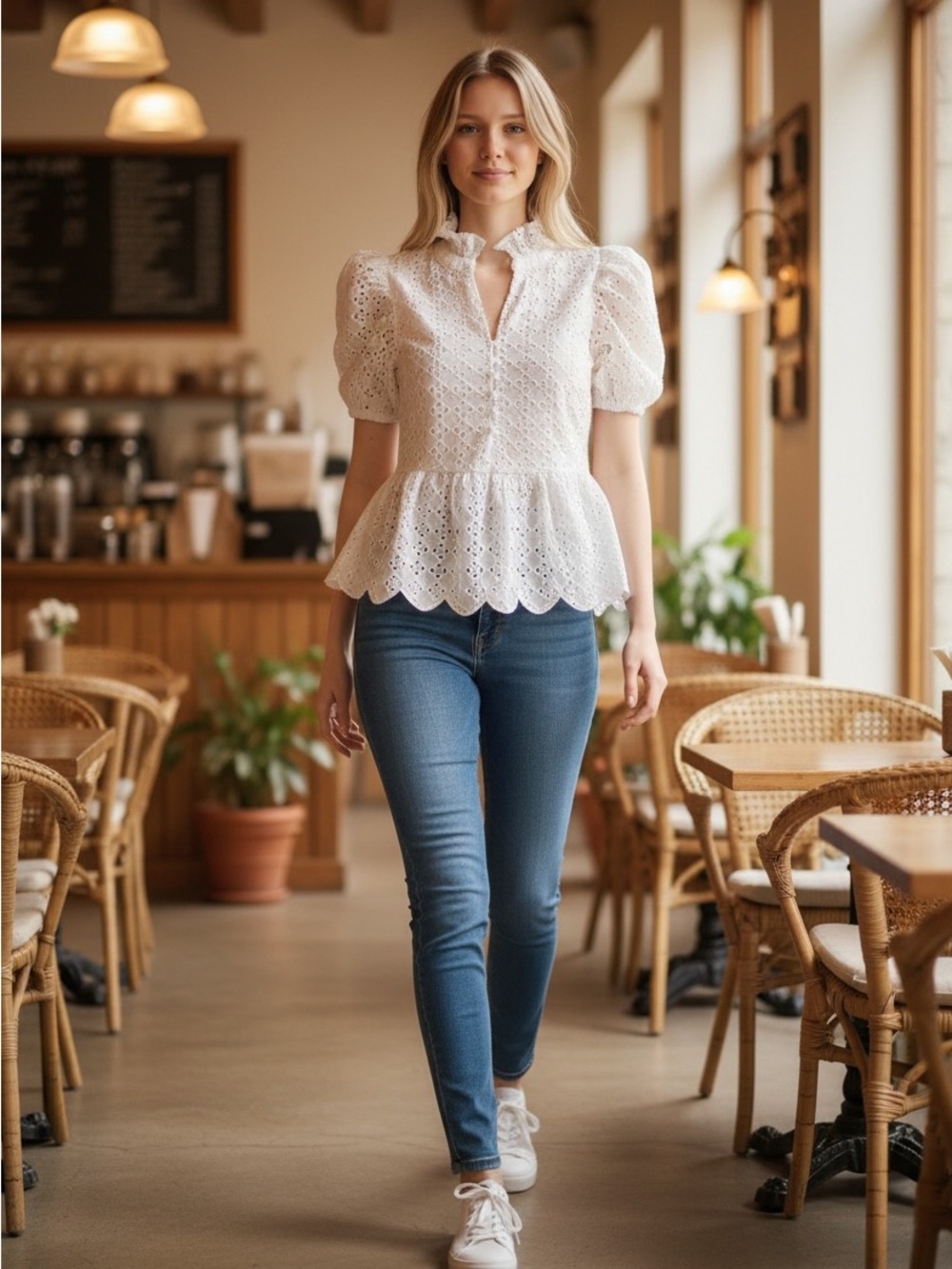 entro White Eyelet Lace Peplum Puff Sleeve Blouse TOP only NWT